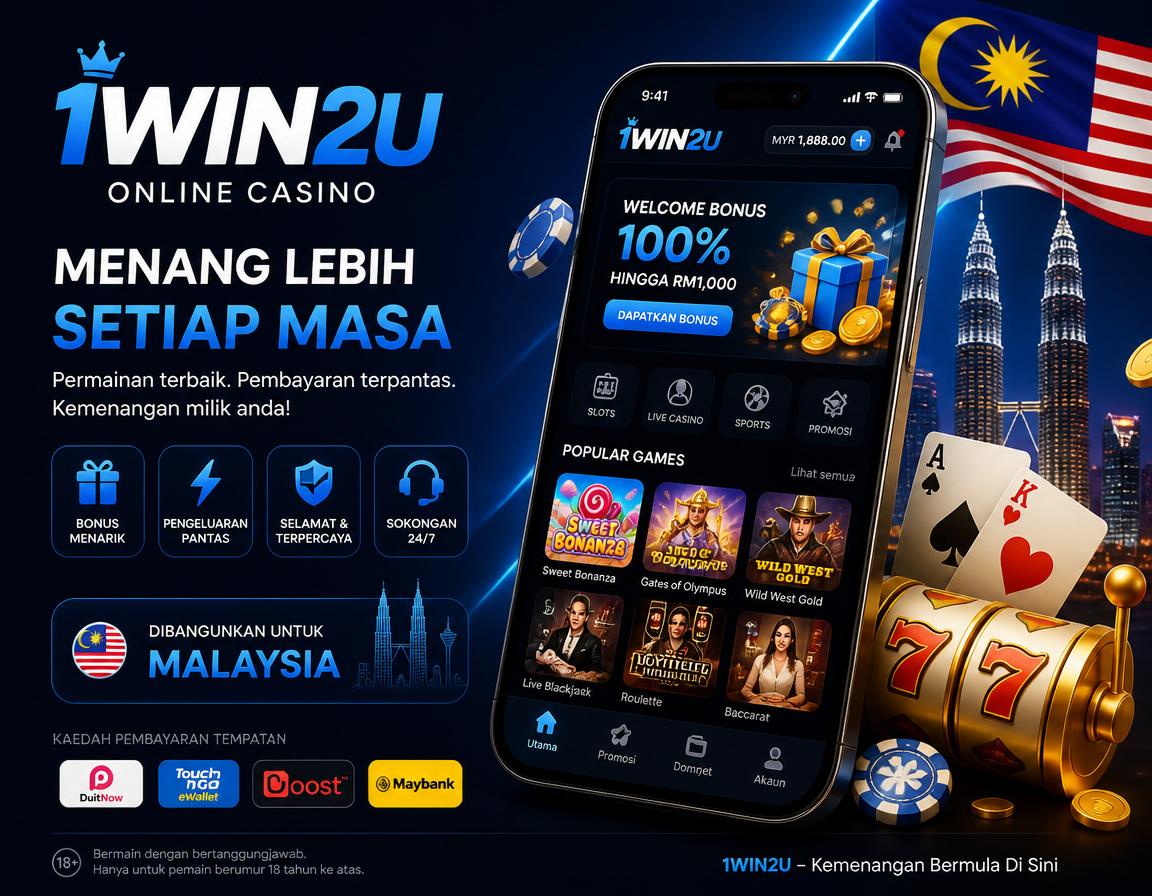 1WIN2U - visual utama aplikasi mudah alih Adegan aplikasi mudah alih 1WIN2U dengan telefon Android, syiling, dan elemen antara muka permainan