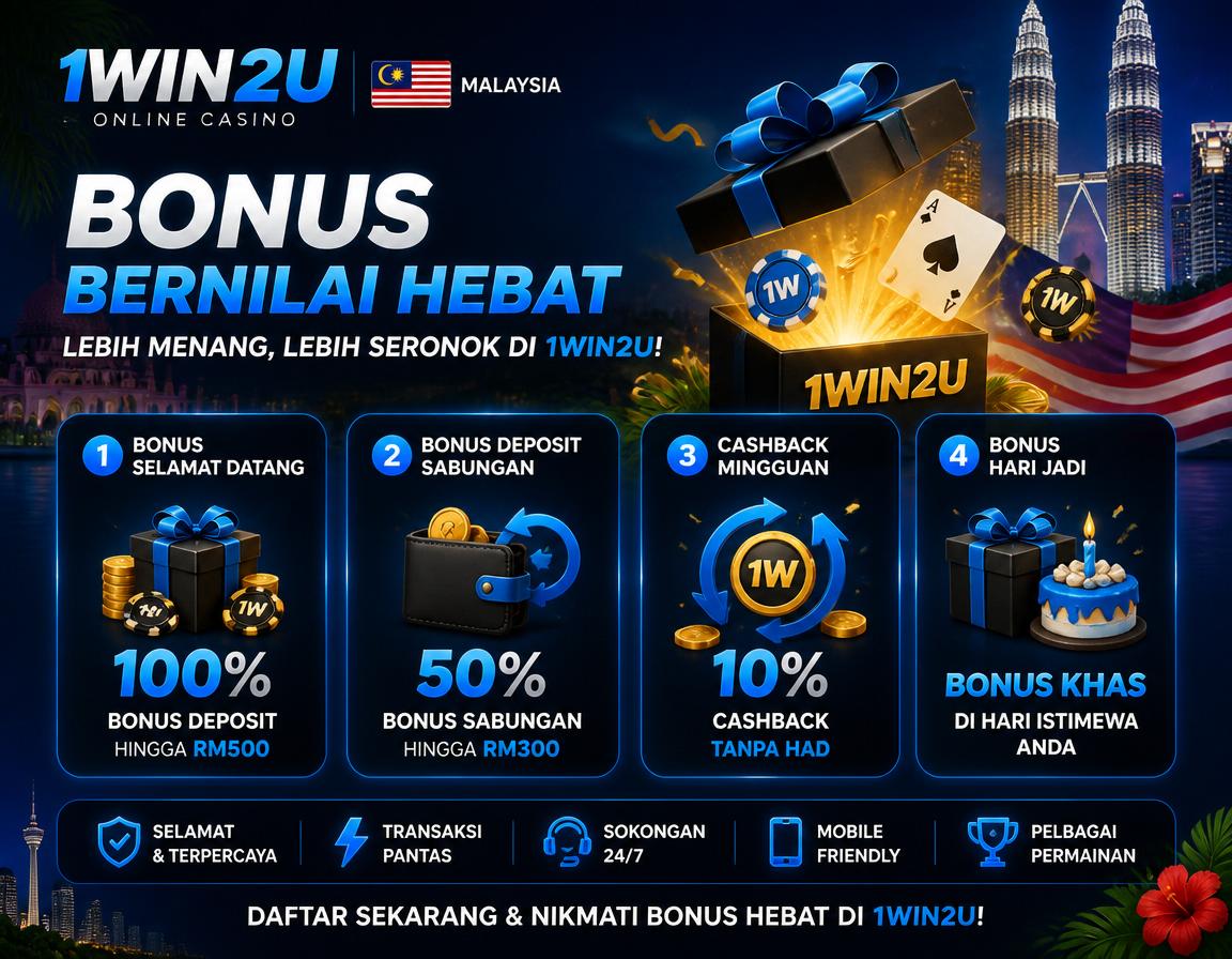1WIN2U - ganjaran bonus dan tawaran alu-aluan Adegan bonus 1WIN2U dengan kotak hadiah, syiling, dan visual tawaran promosi