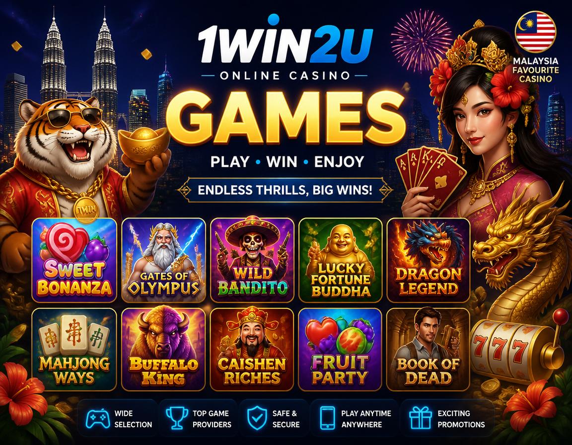 1WIN2U - visual utama permainan dan meja live Adegan permainan 1WIN2U dengan meja live, kad, cip, dan simbol kasino